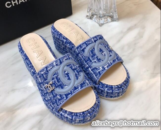 Grade Quality Chanel Tweed Platform Slide Sandals Blue 328118