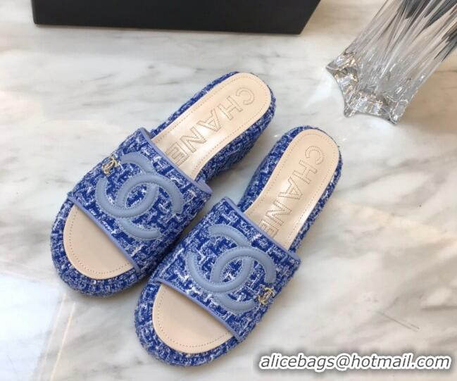 Grade Quality Chanel Tweed Platform Slide Sandals Blue 328118