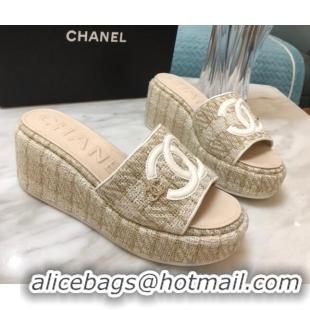 Low Cost Chanel Tweed Platform Slide Sandals Beige 328119