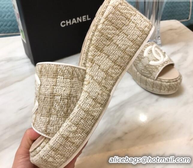 Low Cost Chanel Tweed Platform Slide Sandals Beige 328119