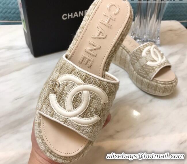 Low Cost Chanel Tweed Platform Slide Sandals Beige 328119