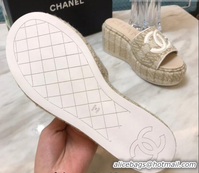 Low Cost Chanel Tweed Platform Slide Sandals Beige 328119