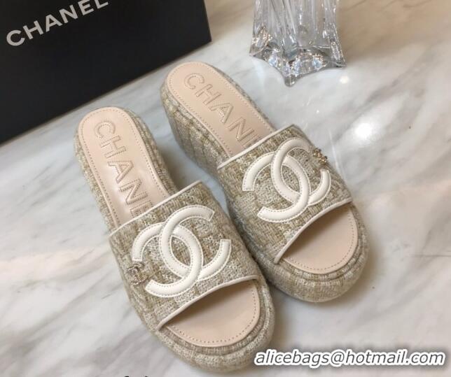 Low Cost Chanel Tweed Platform Slide Sandals Beige 328119