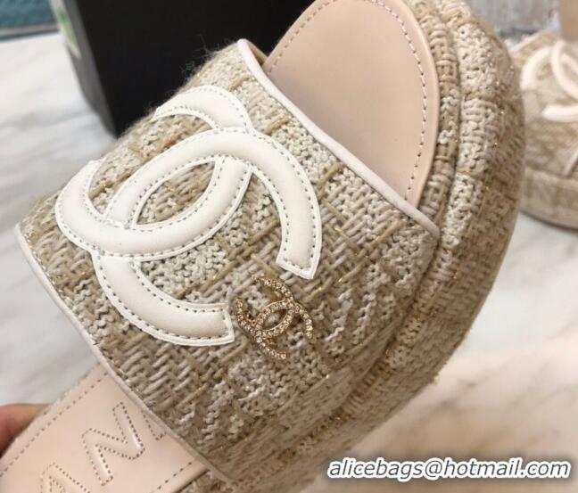 Low Cost Chanel Tweed Platform Slide Sandals Beige 328119