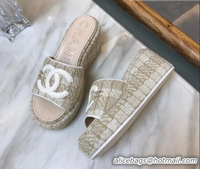 Low Cost Chanel Tweed Platform Slide Sandals Beige 328119