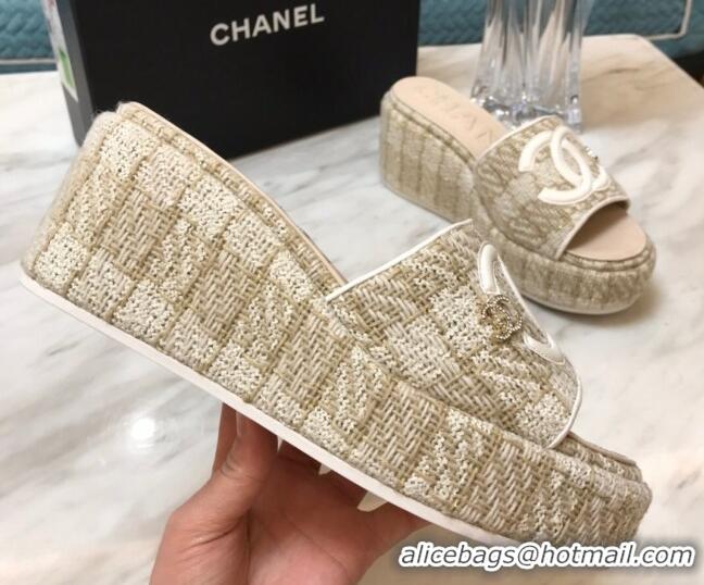 Low Cost Chanel Tweed Platform Slide Sandals Beige 328119