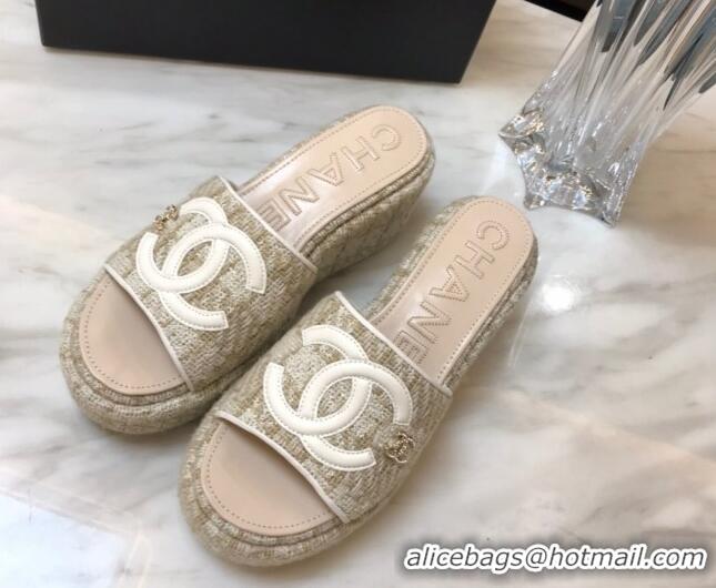 Low Cost Chanel Tweed Platform Slide Sandals Beige 328119