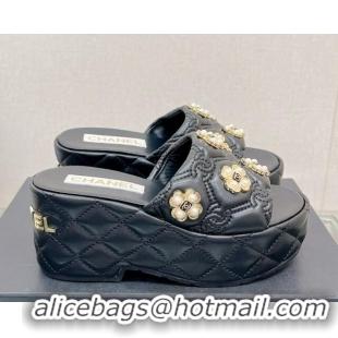 Fashion Chanel Lambskin Platform Slide Sandals 6cm with Pearl Bloom Black 328124