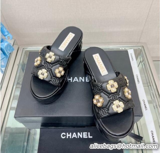 Fashion Chanel Lambskin Platform Slide Sandals 6cm with Pearl Bloom Black 328124