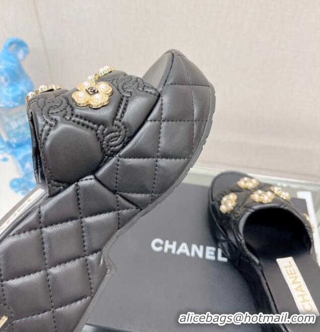 Fashion Chanel Lambskin Platform Slide Sandals 6cm with Pearl Bloom Black 328124