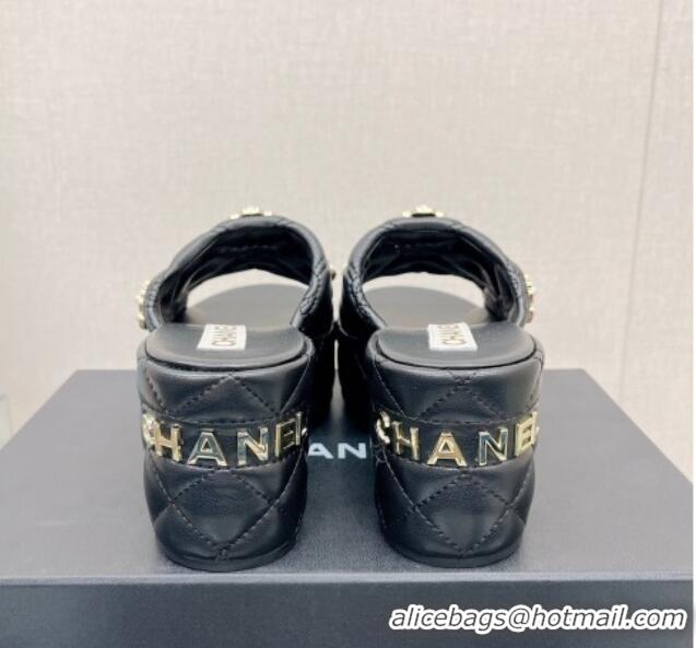 Fashion Chanel Lambskin Platform Slide Sandals 6cm with Pearl Bloom Black 328124