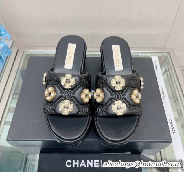 Fashion Chanel Lambskin Platform Slide Sandals 6cm with Pearl Bloom Black 328124