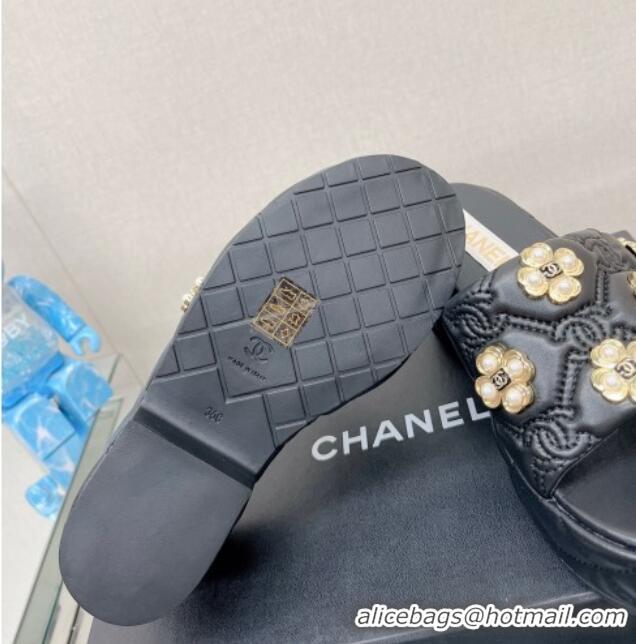 Fashion Chanel Lambskin Platform Slide Sandals 6cm with Pearl Bloom Black 328124