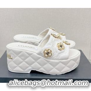 Sumptuous Chanel Lambskin Platform Slide Sandals 6cm with Pearl Bloom White 328125