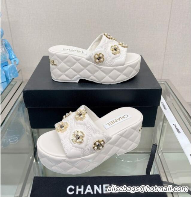 Sumptuous Chanel Lambskin Platform Slide Sandals 6cm with Pearl Bloom White 328125