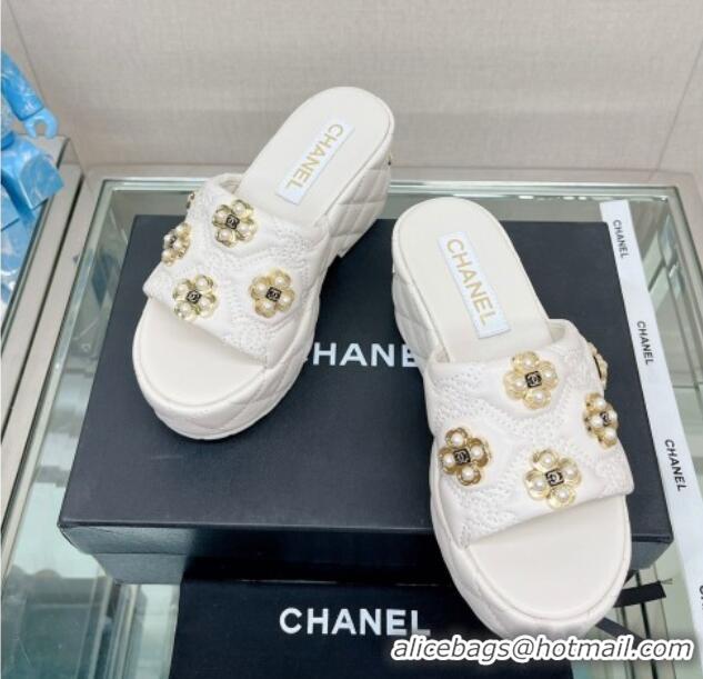 Sumptuous Chanel Lambskin Platform Slide Sandals 6cm with Pearl Bloom White 328125