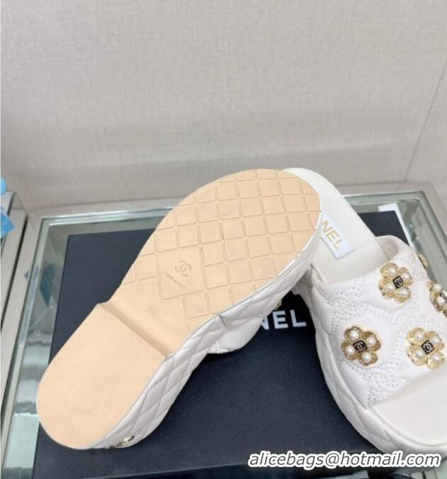 Sumptuous Chanel Lambskin Platform Slide Sandals 6cm with Pearl Bloom White 328125