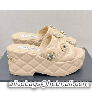 Hot Style Chanel Lambskin Platform Slide Sandals 6cm with Pearl Bloom Beige 328126