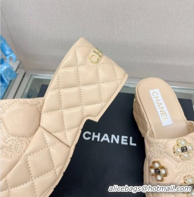 Hot Style Chanel Lambskin Platform Slide Sandals 6cm with Pearl Bloom Beige 328126