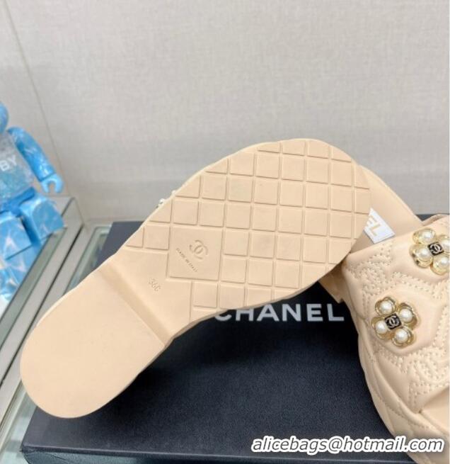 Hot Style Chanel Lambskin Platform Slide Sandals 6cm with Pearl Bloom Beige 328126