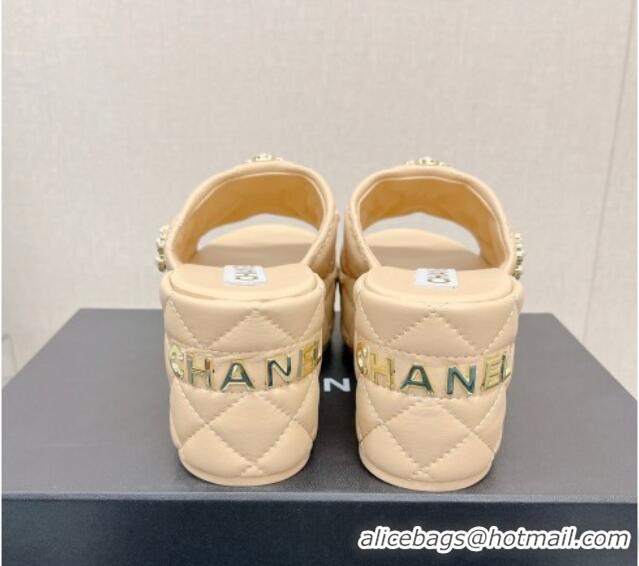 Hot Style Chanel Lambskin Platform Slide Sandals 6cm with Pearl Bloom Beige 328126