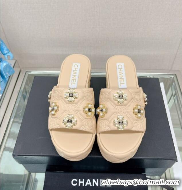 Hot Style Chanel Lambskin Platform Slide Sandals 6cm with Pearl Bloom Beige 328126