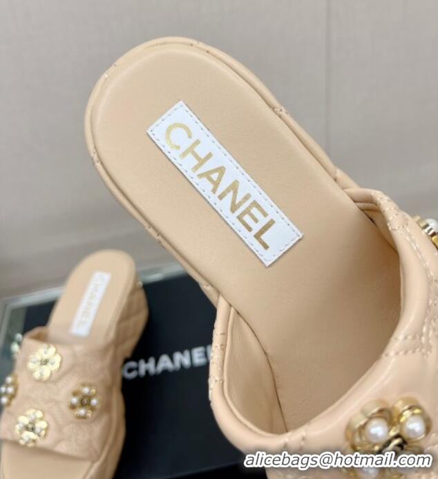 Hot Style Chanel Lambskin Platform Slide Sandals 6cm with Pearl Bloom Beige 328126