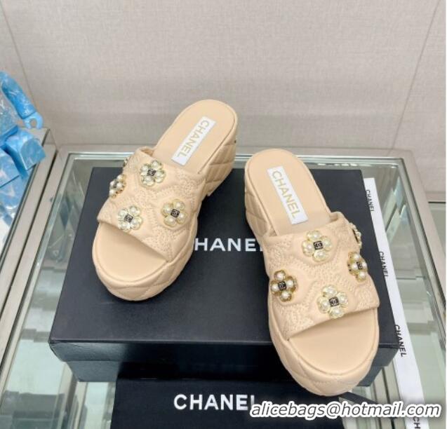 Hot Style Chanel Lambskin Platform Slide Sandals 6cm with Pearl Bloom Beige 328126