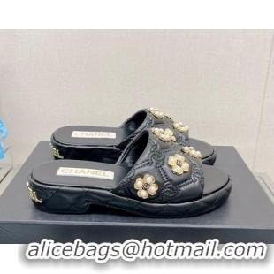 Stylish Chanel Lambskin Slide Sandals with Pearl Bloom Black 328127