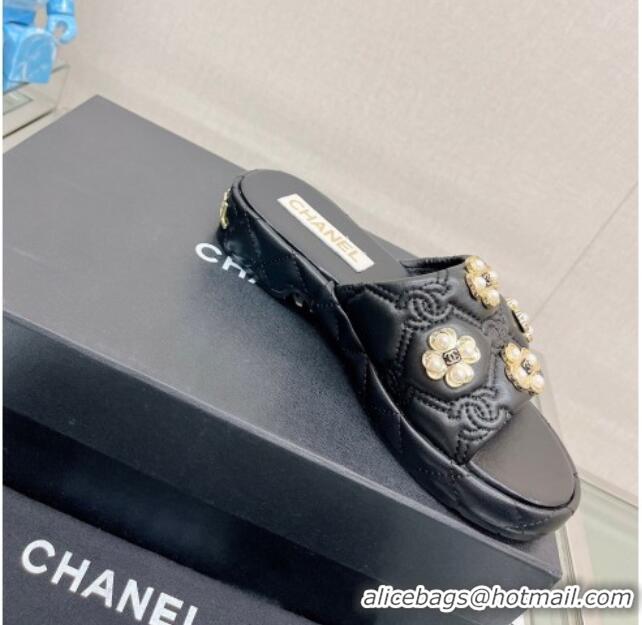 Stylish Chanel Lambskin Slide Sandals with Pearl Bloom Black 328127