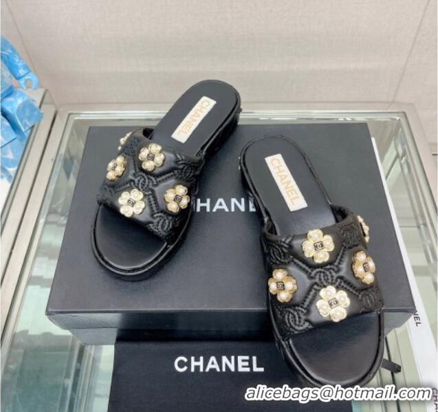 Stylish Chanel Lambskin Slide Sandals with Pearl Bloom Black 328127