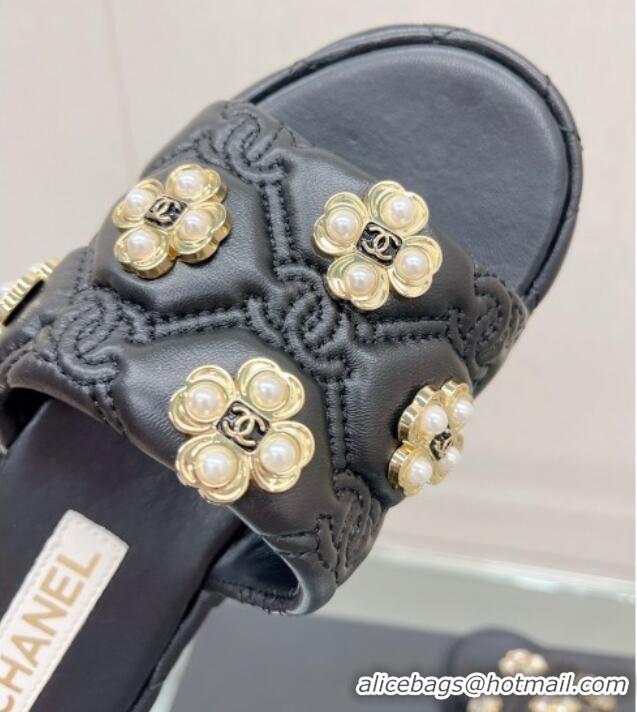 Stylish Chanel Lambskin Slide Sandals with Pearl Bloom Black 328127