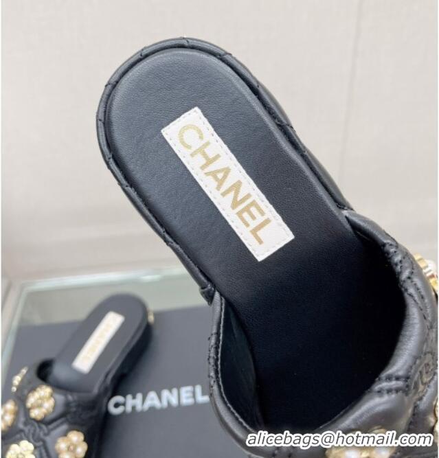 Stylish Chanel Lambskin Slide Sandals with Pearl Bloom Black 328127