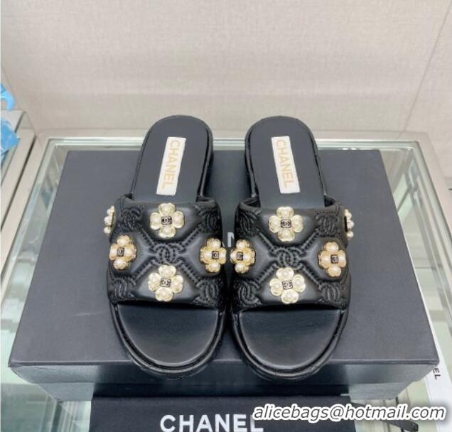 Stylish Chanel Lambskin Slide Sandals with Pearl Bloom Black 328127