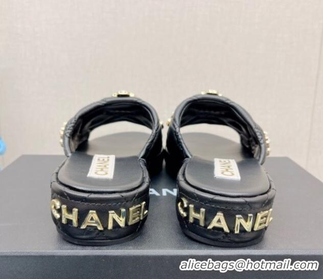 Stylish Chanel Lambskin Slide Sandals with Pearl Bloom Black 328127