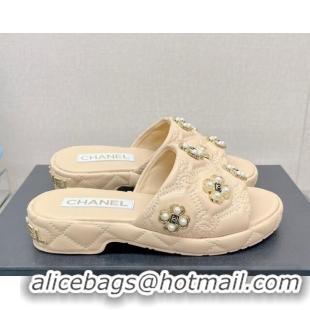 Most Popular Chanel Lambskin Slide Sandals with Pearl Bloom Beige 328128