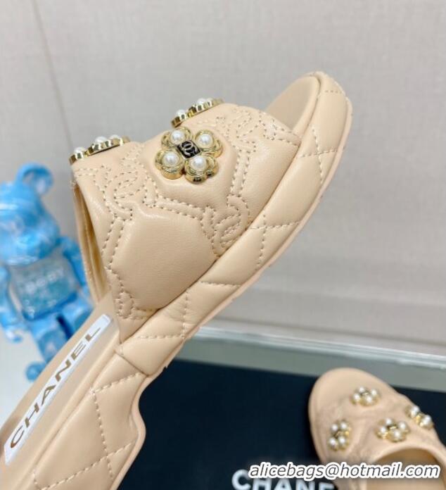 Most Popular Chanel Lambskin Slide Sandals with Pearl Bloom Beige 328128