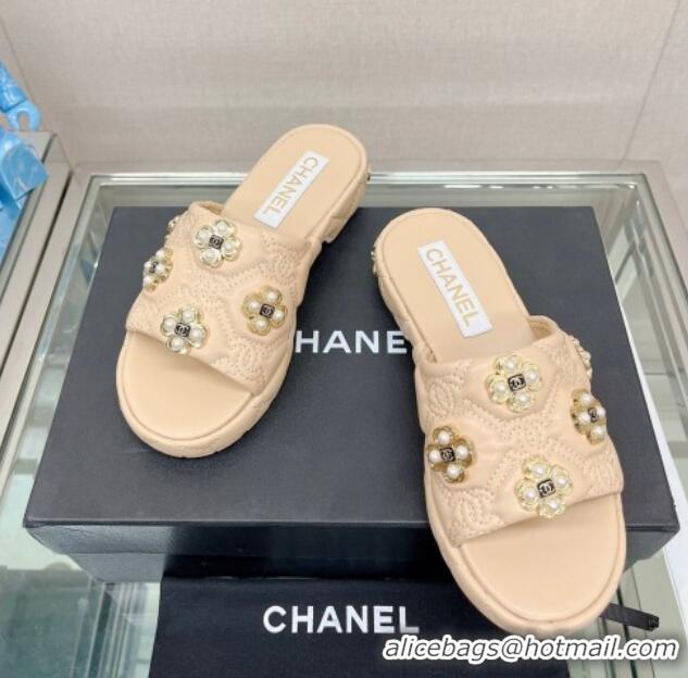 Most Popular Chanel Lambskin Slide Sandals with Pearl Bloom Beige 328128