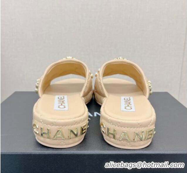 Most Popular Chanel Lambskin Slide Sandals with Pearl Bloom Beige 328128