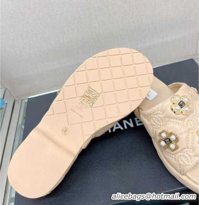 Most Popular Chanel Lambskin Slide Sandals with Pearl Bloom Beige 328128