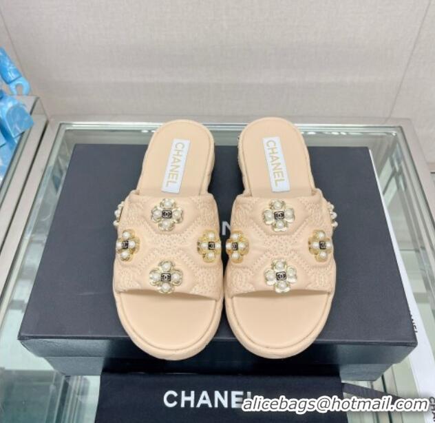 Most Popular Chanel Lambskin Slide Sandals with Pearl Bloom Beige 328128