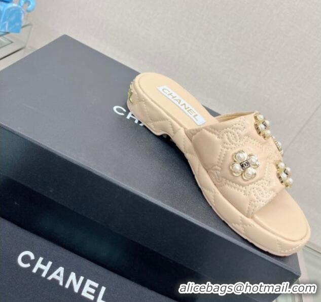 Most Popular Chanel Lambskin Slide Sandals with Pearl Bloom Beige 328128