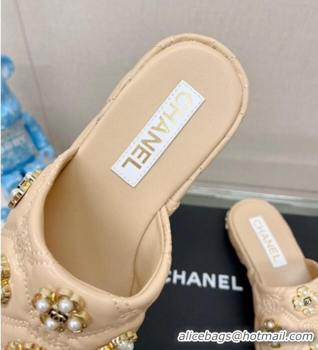 Most Popular Chanel Lambskin Slide Sandals with Pearl Bloom Beige 328128