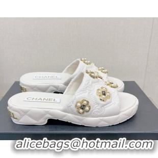 Durable Chanel Lambskin Slide Sandals with Pearl Bloom White 328129