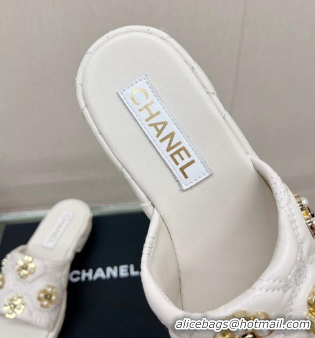 Durable Chanel Lambskin Slide Sandals with Pearl Bloom White 328129