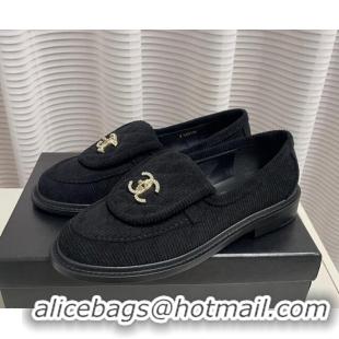 Top Design Chanel Corduroy Loafers G40027 Black 328130