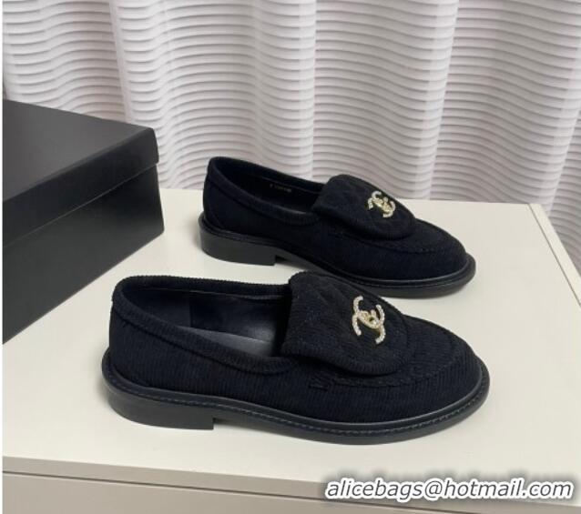 Top Design Chanel Corduroy Loafers G40027 Black 328130