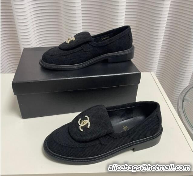 Top Design Chanel Corduroy Loafers G40027 Black 328130