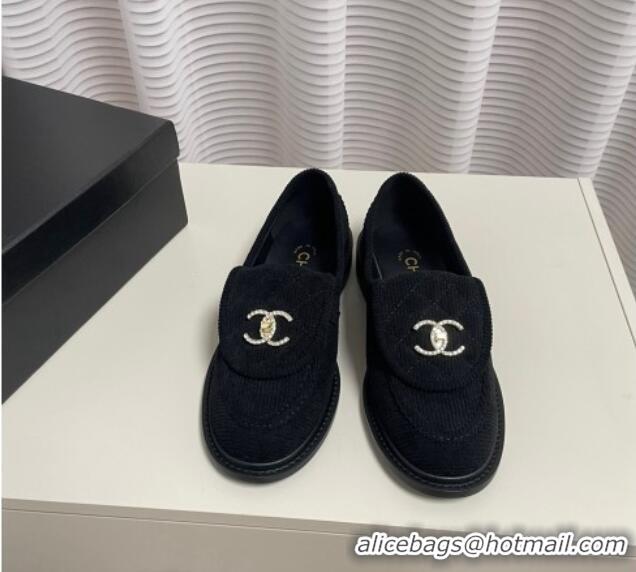 Top Design Chanel Corduroy Loafers G40027 Black 328130