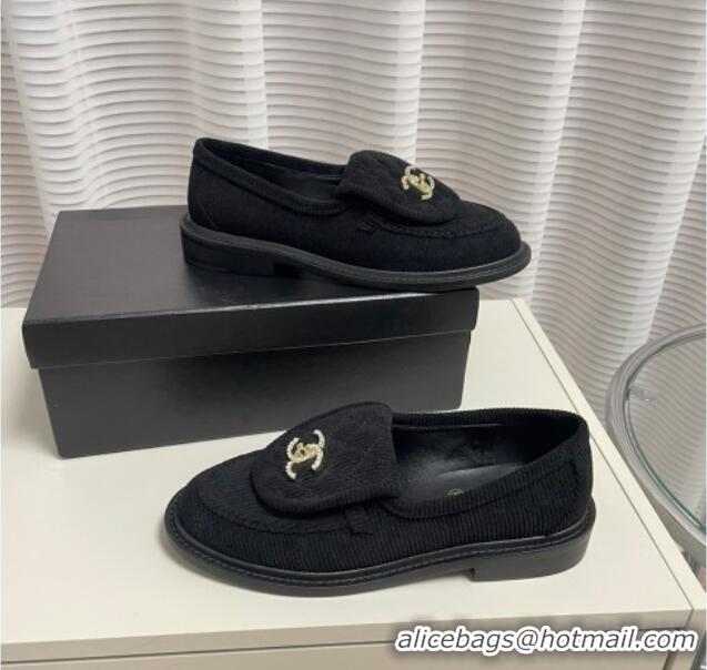 Top Design Chanel Corduroy Loafers G40027 Black 328130